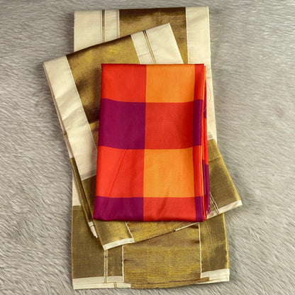 Hemangi Traditional Kerala Cotton Kasavu Saree with Festive Blouse Combo