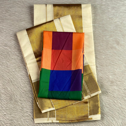 Hemangi Traditional Kerala Cotton Kasavu Saree with Madras Check Blouse Combo