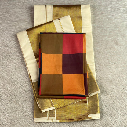 Hemangi Traditional Kerala Cotton Kasavu Saree with Madras Check Blouse Combo (Copy)