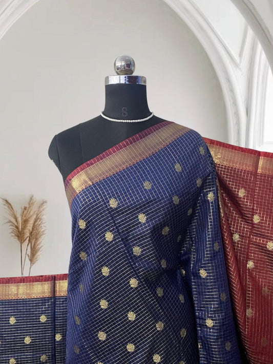 Kokila Blue Semi Silk Checks Saree in Checks with Butta work