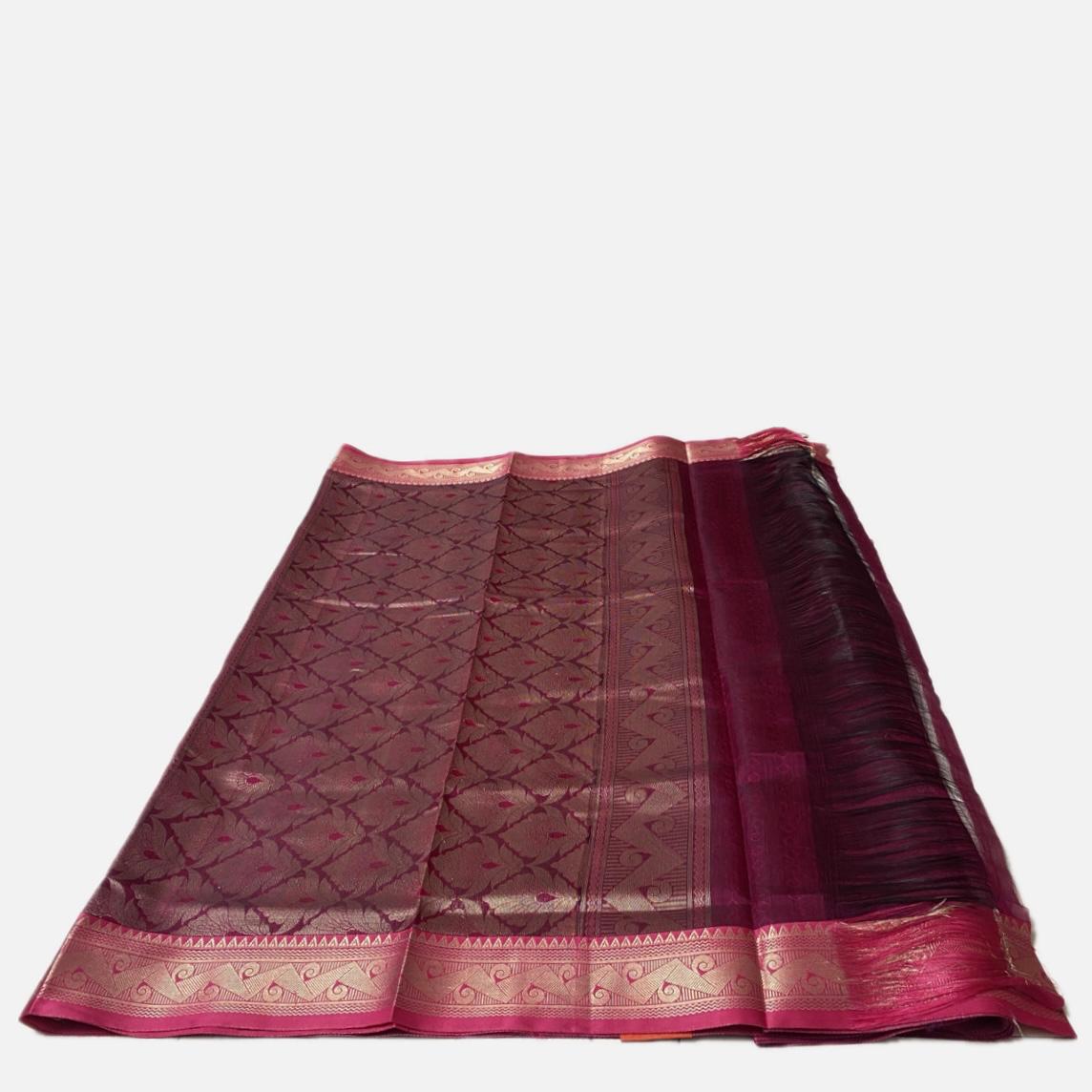Deep Plum & Pink Zari Woven Cotton Silk Saree