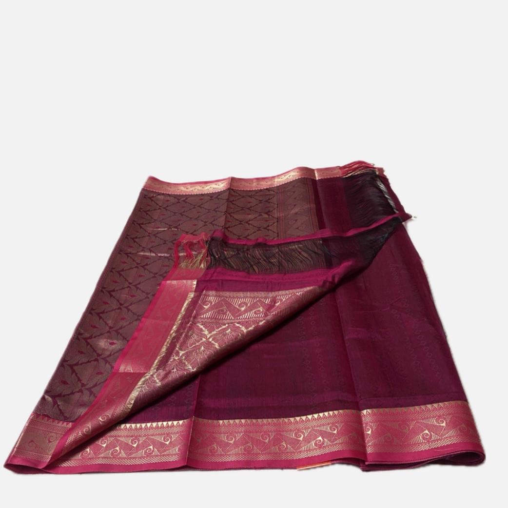 Deep Plum & Pink Zari Woven Cotton Silk Saree