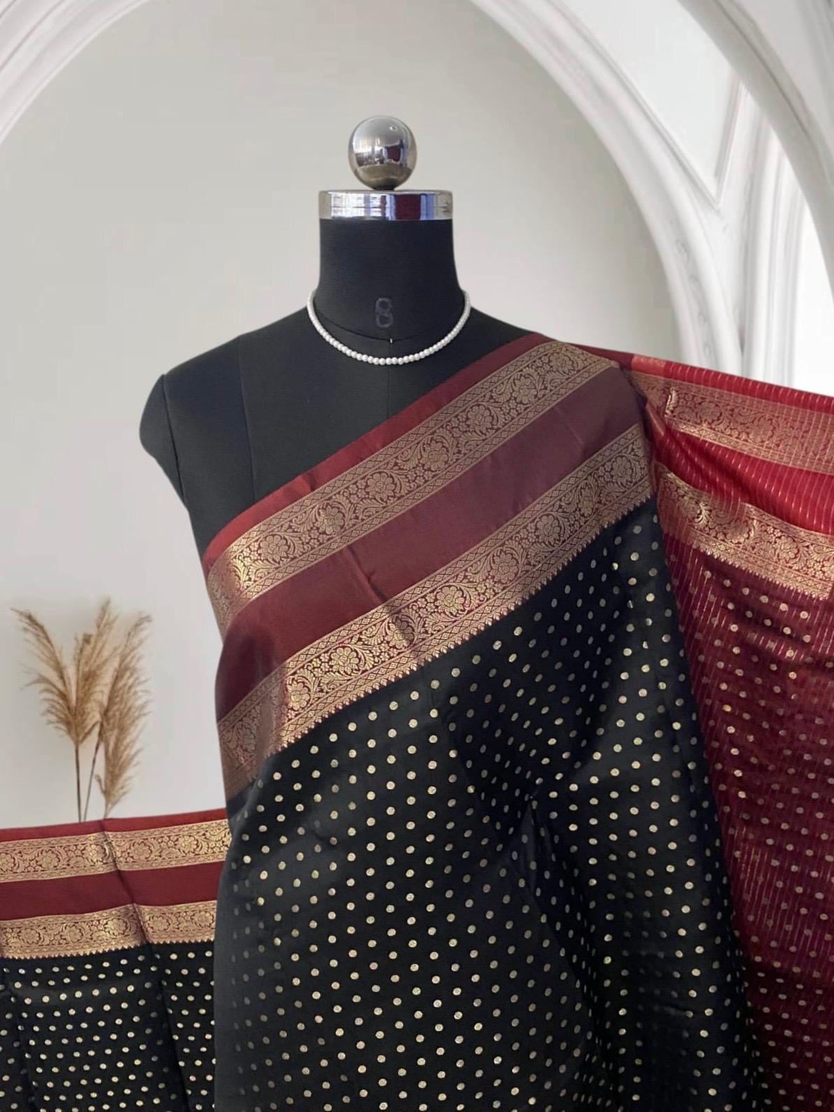 Pavizham Banarasi Butti Saree with Double Border Black
