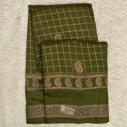 Veda Kashmiri Silk Big Checks Saree with Double Line Border Green