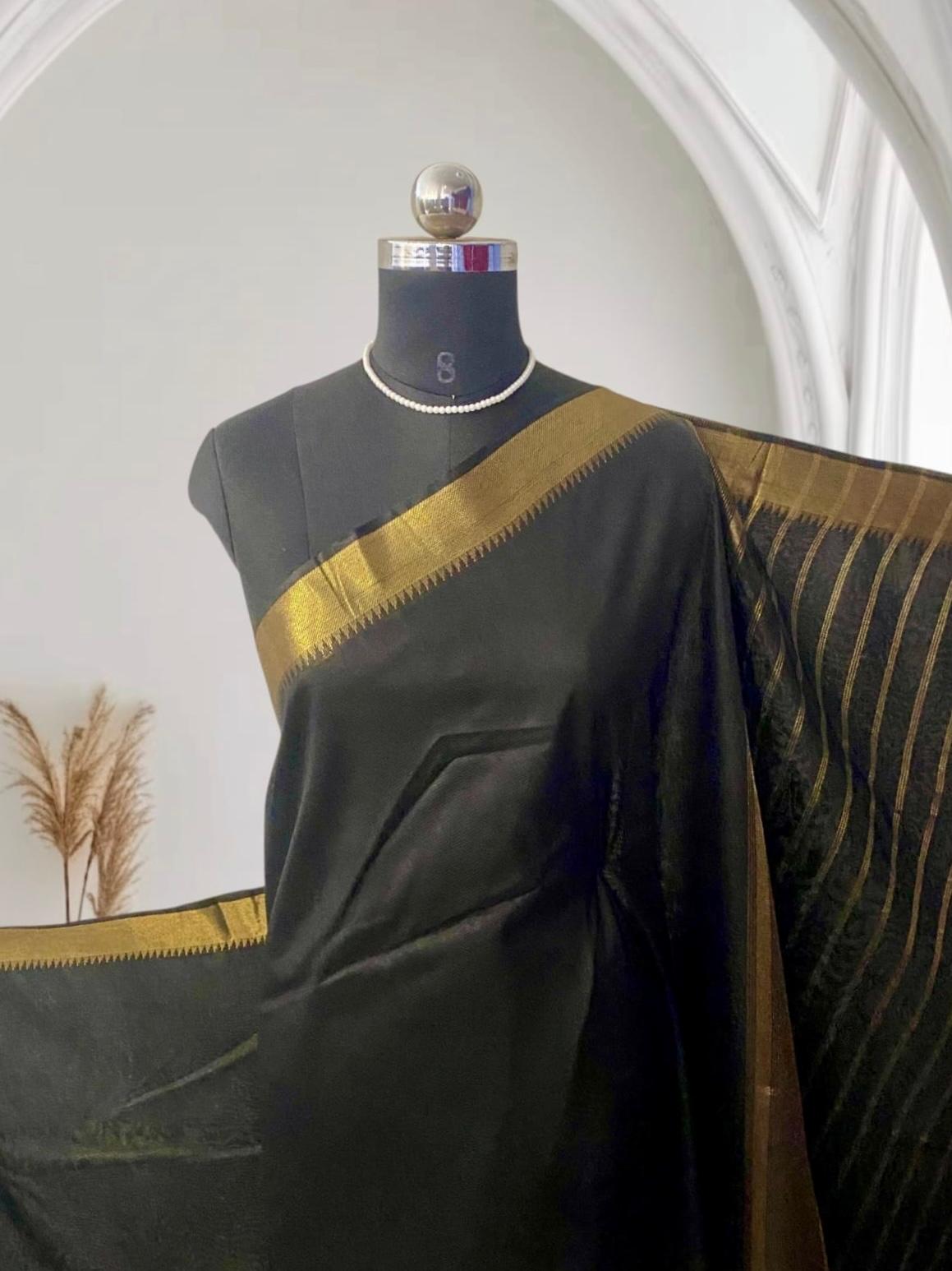 Rambha Saree in Black with Golden Stripes