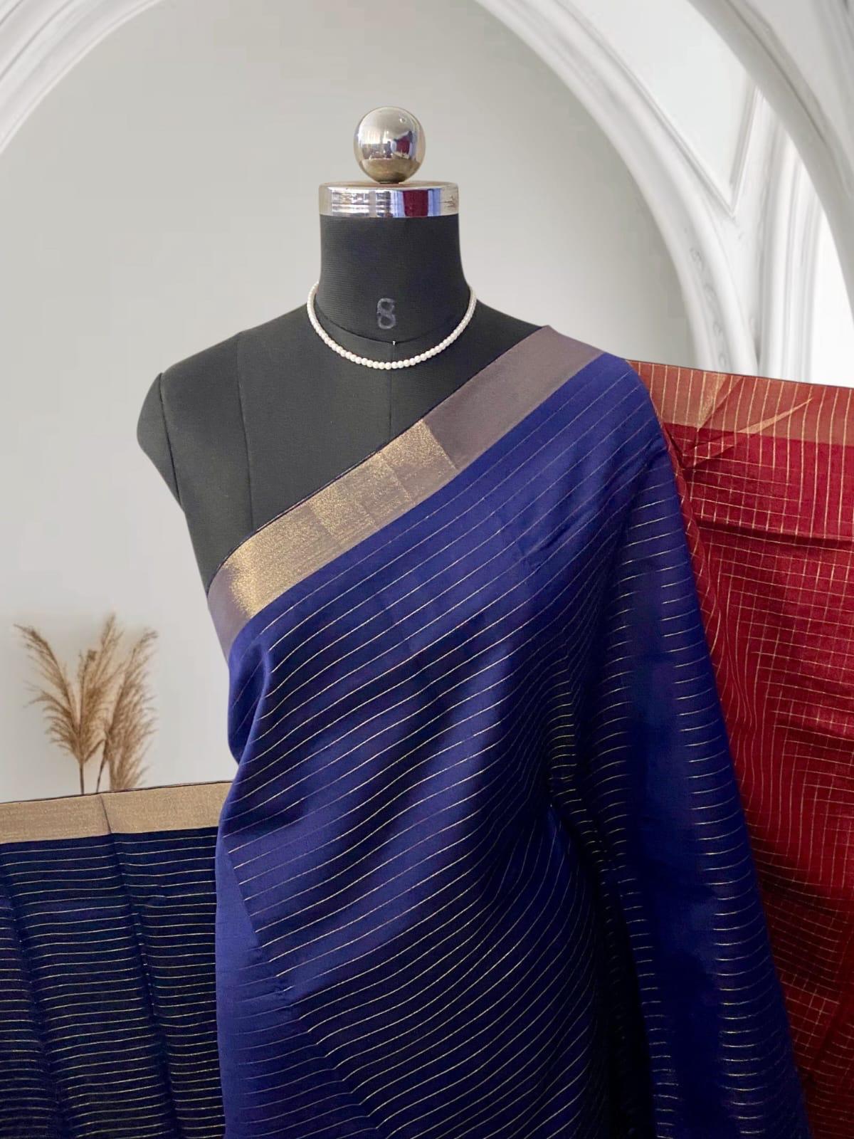 Bairavi Blue & Red Silk Saree with Golden Stripes