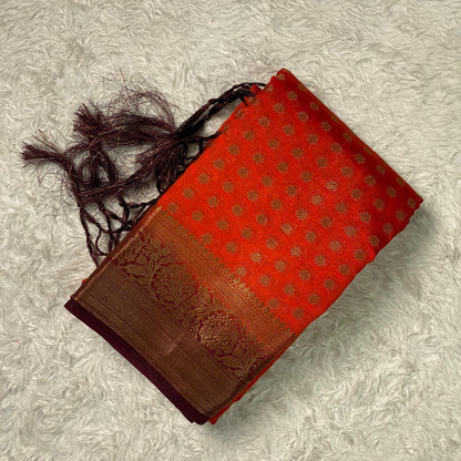 Premium Banarasi Saree Checks with Floral Border Burnt Orange