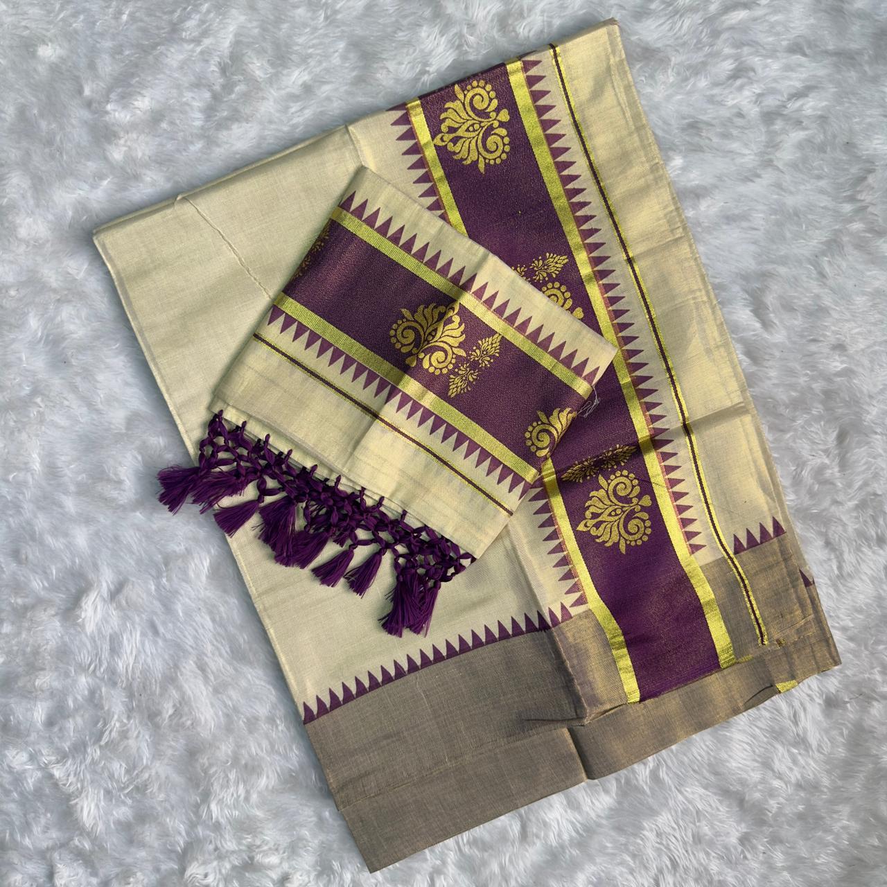 Premium Cotton Kasavu Purple with Tassels