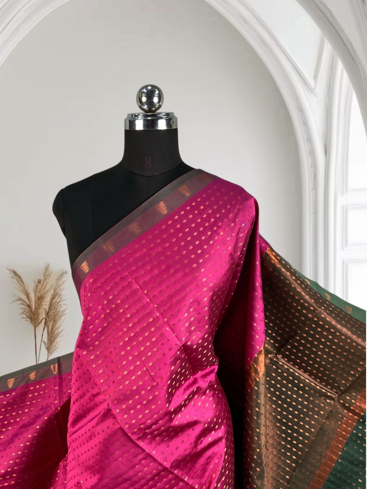 Banarasi Butti Semi Silk with Floral Border Saree Dark Pink