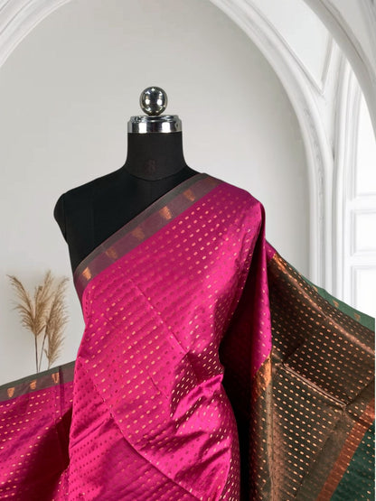 Banarasi Butti Semi Silk with Floral Border Saree Dark Pink