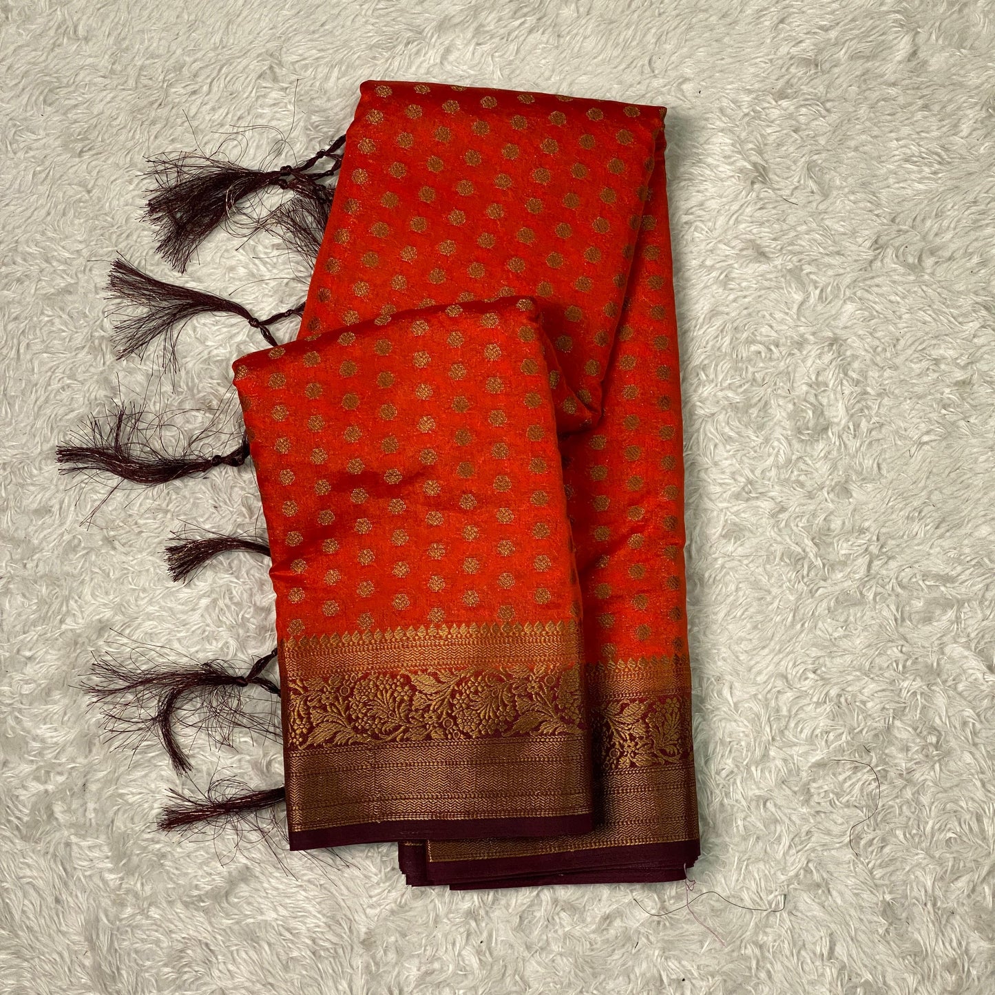 Premium Banarasi Saree Checks with Floral Border Burnt Orange