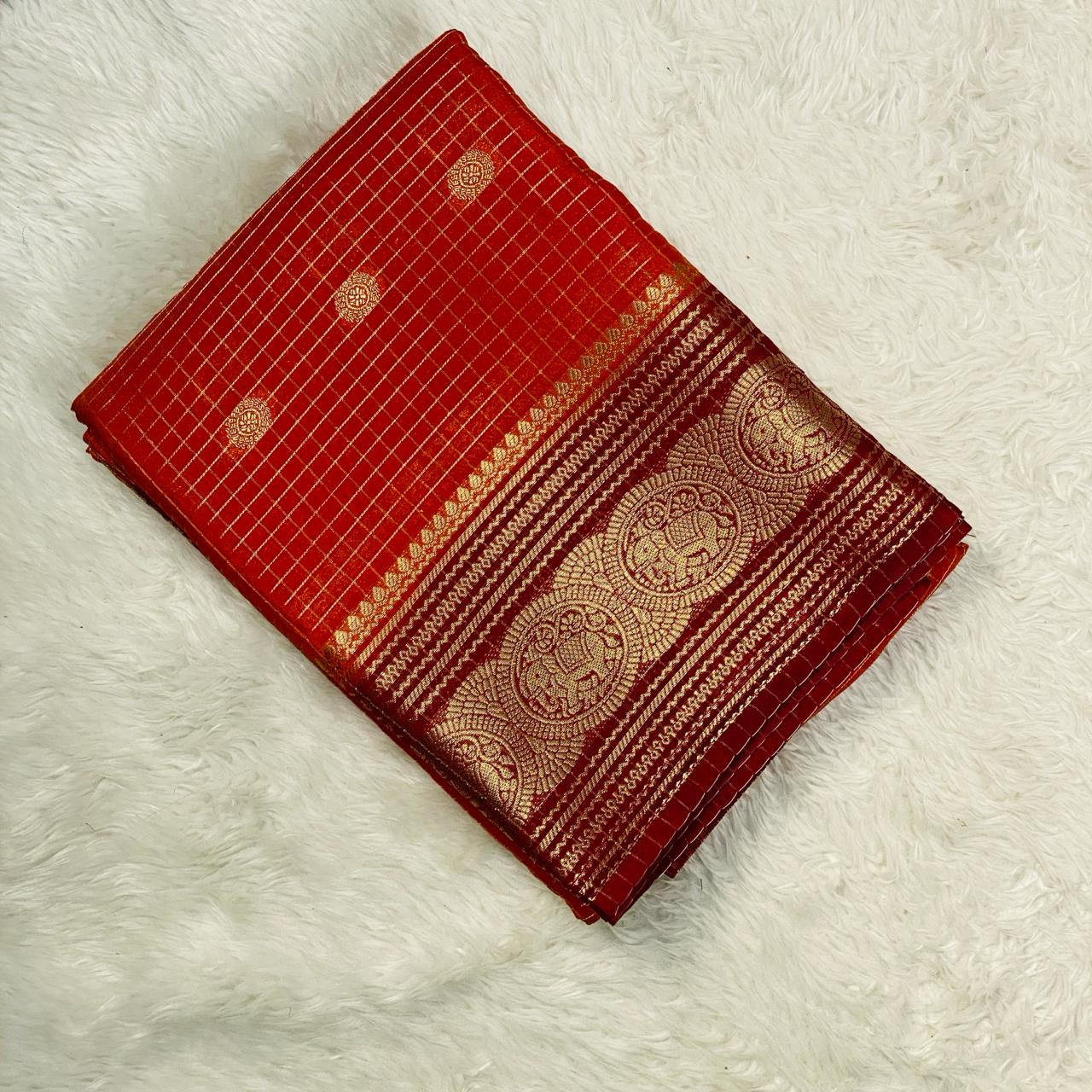 Premium Banarasi Saree Checks Burnt Orange