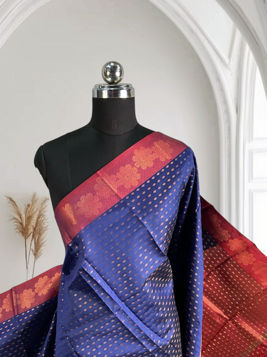 Banarasi Butti Semi Silk with Floral Border Saree Navy Blue