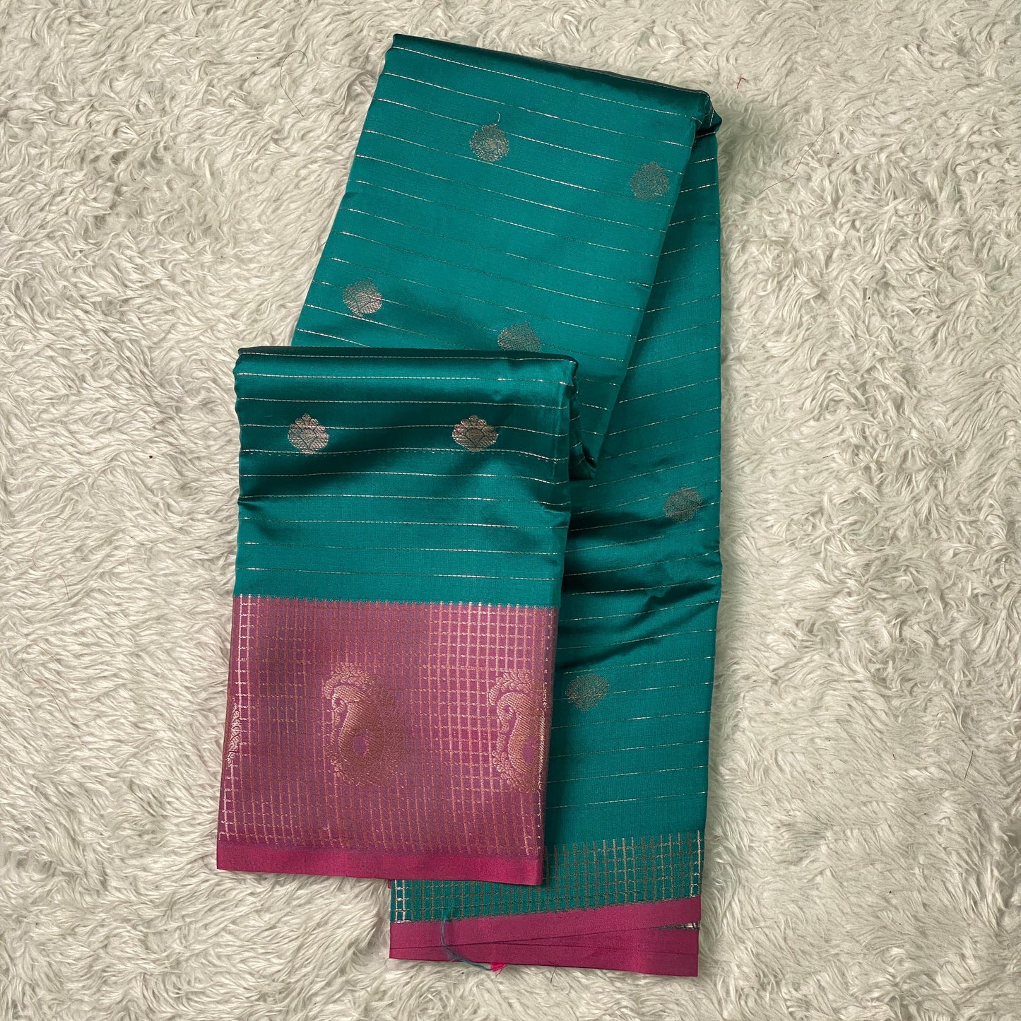 Check Saree Soft Silk with butta designs Peacock Blue