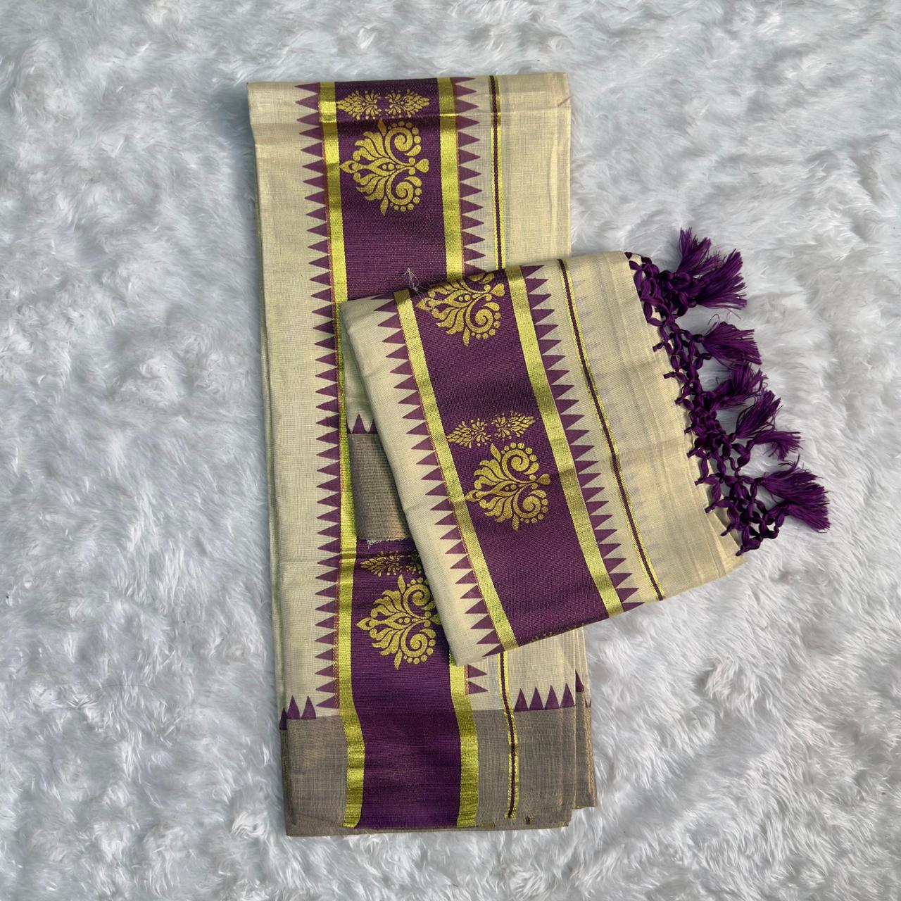 Premium Cotton Kasavu Purple with Tassels