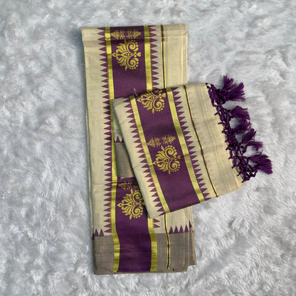 Premium Cotton Kasavu Purple with Tassels
