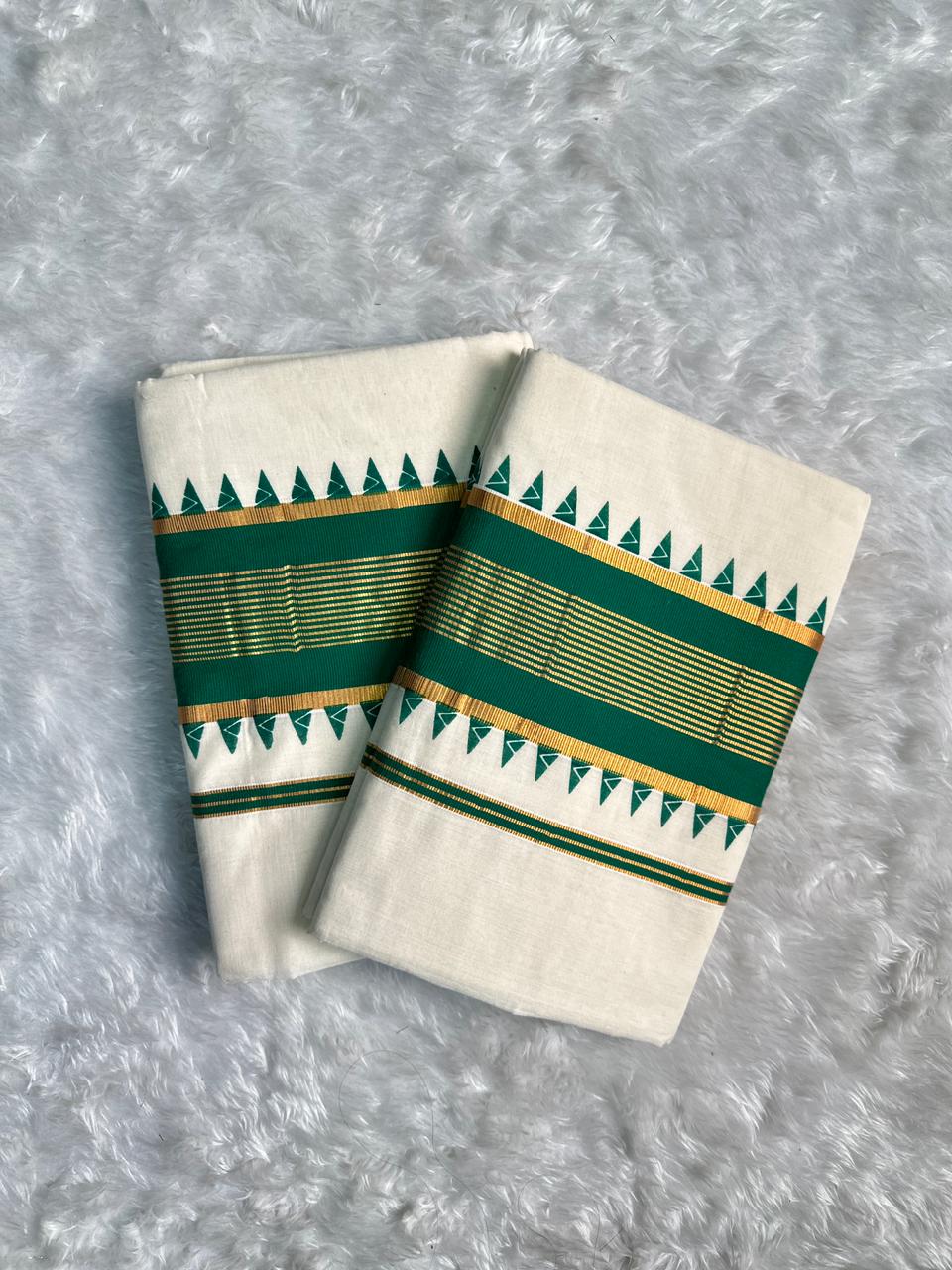Traditional Set Saree with Green Triangle Pattern