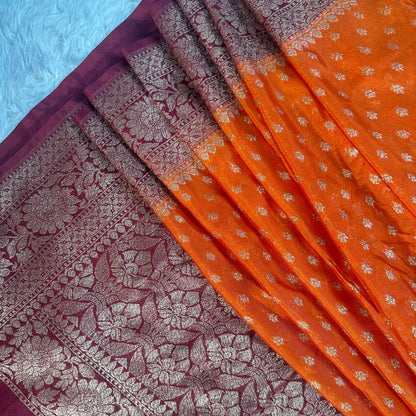 Pure Banarasi Orange with Meroon Border
