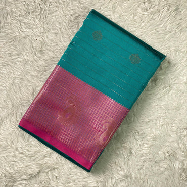 Check Saree Soft Silk with butta designs Peacock Blue