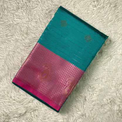 Check Saree Soft Silk with butta designs Peacock Blue